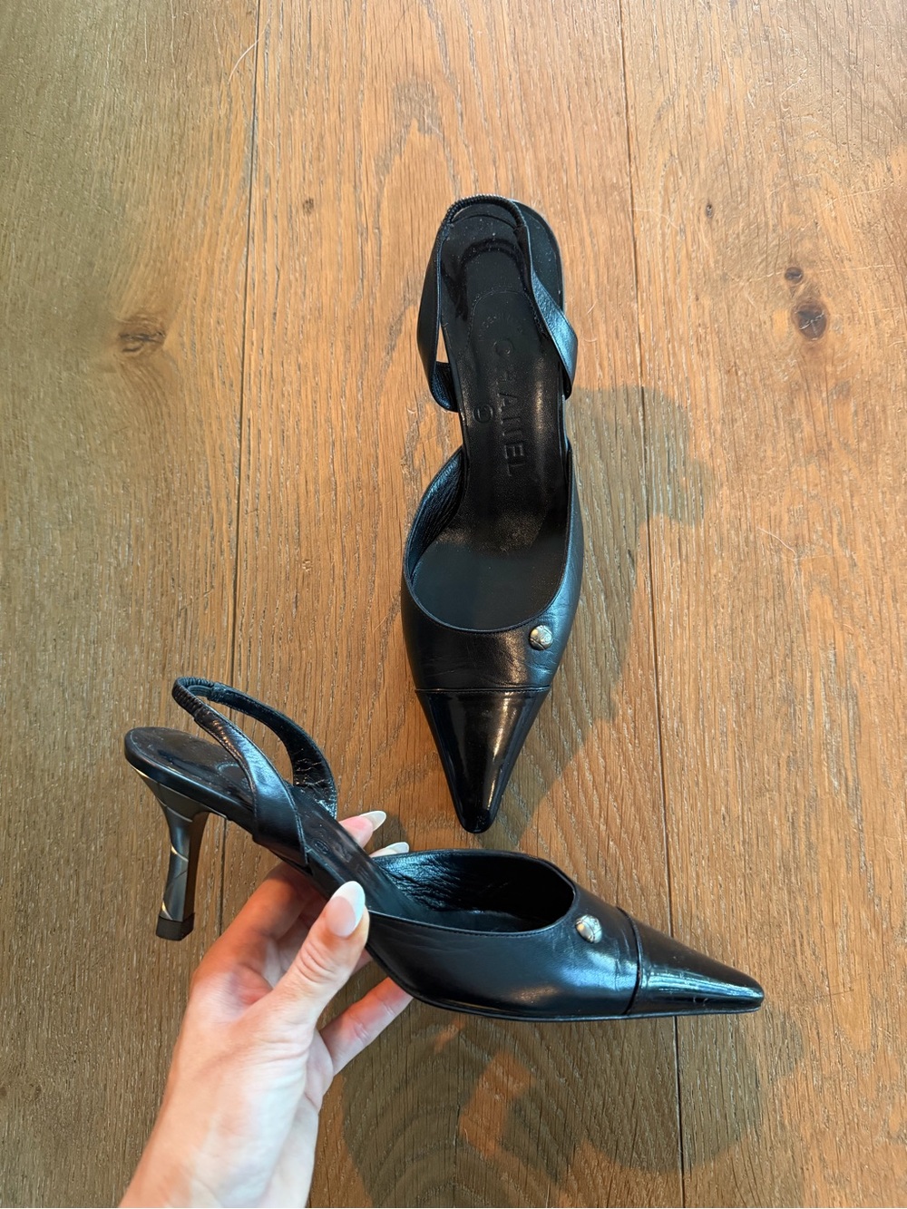 Vintage Chanel Cap Toe Kitten Heel Sling Backs - Picture 2 of 5